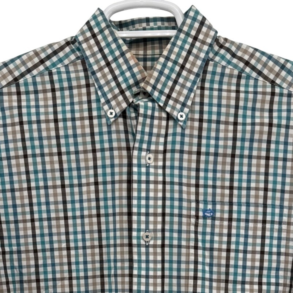 Southern Tide Mens Small Classic Fit Plaid Button Down Shirt Teal Brown Cotton